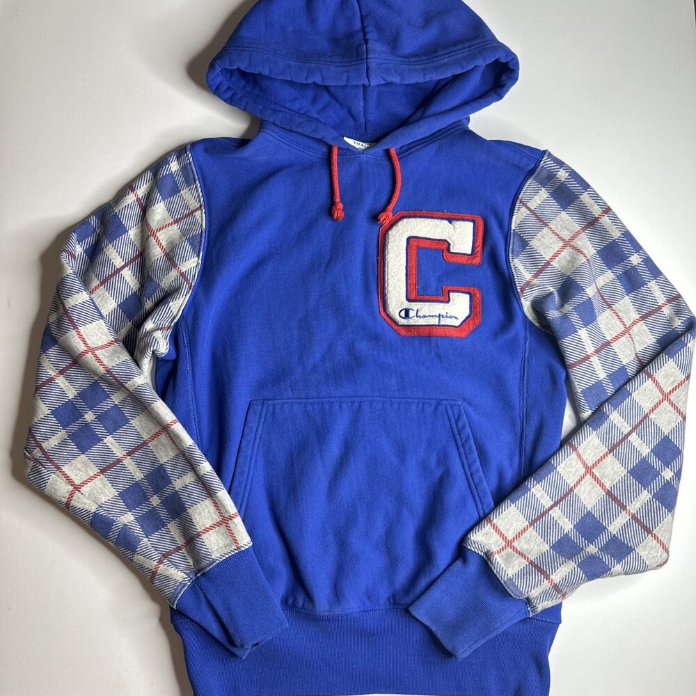 Vintage Champion Mens Small Reverse Weave Pullover Hoodie Pocket Blue Plaid - Picture 2 of 12